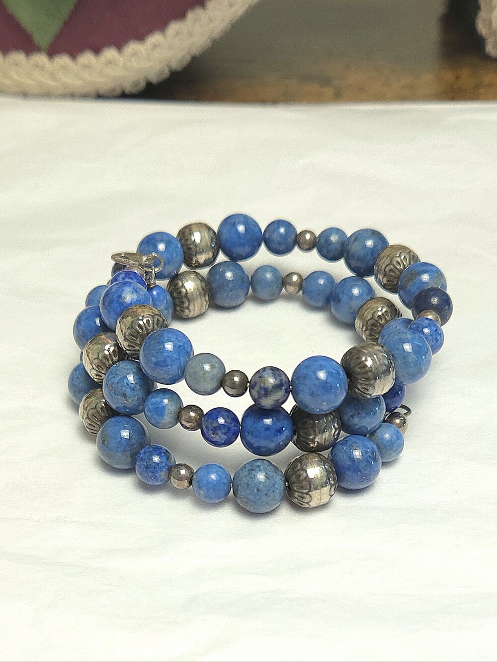 Vintage Lapis Lazuli Stone & Sterling Silver Beaded Wrap Bracelet Carlise CP 925 - Picture 2 of 13